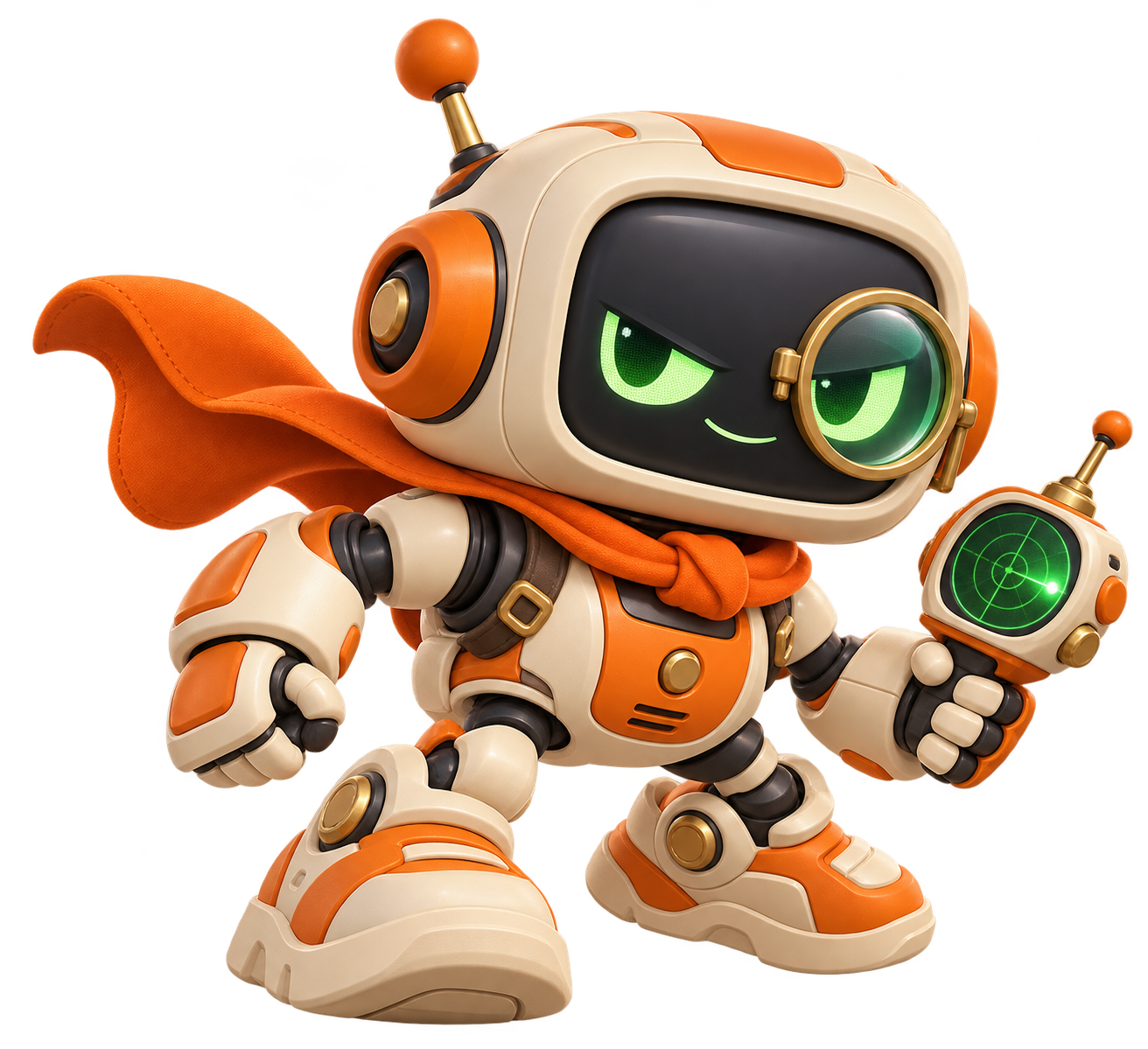 Snipe, an orange scout robot with a radar and monocle